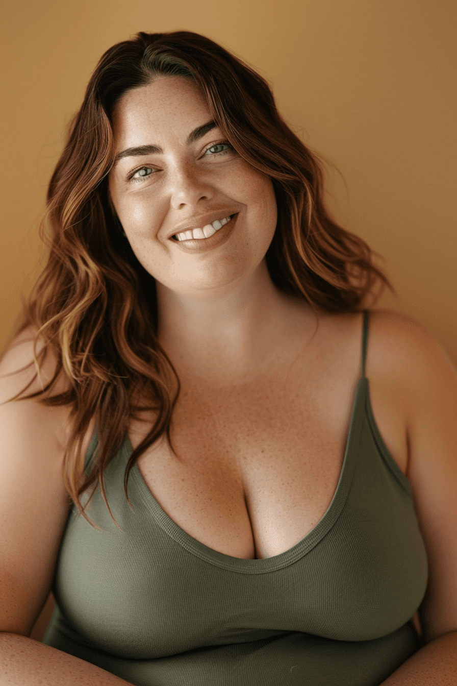 Woman smiling, neutral backdrop