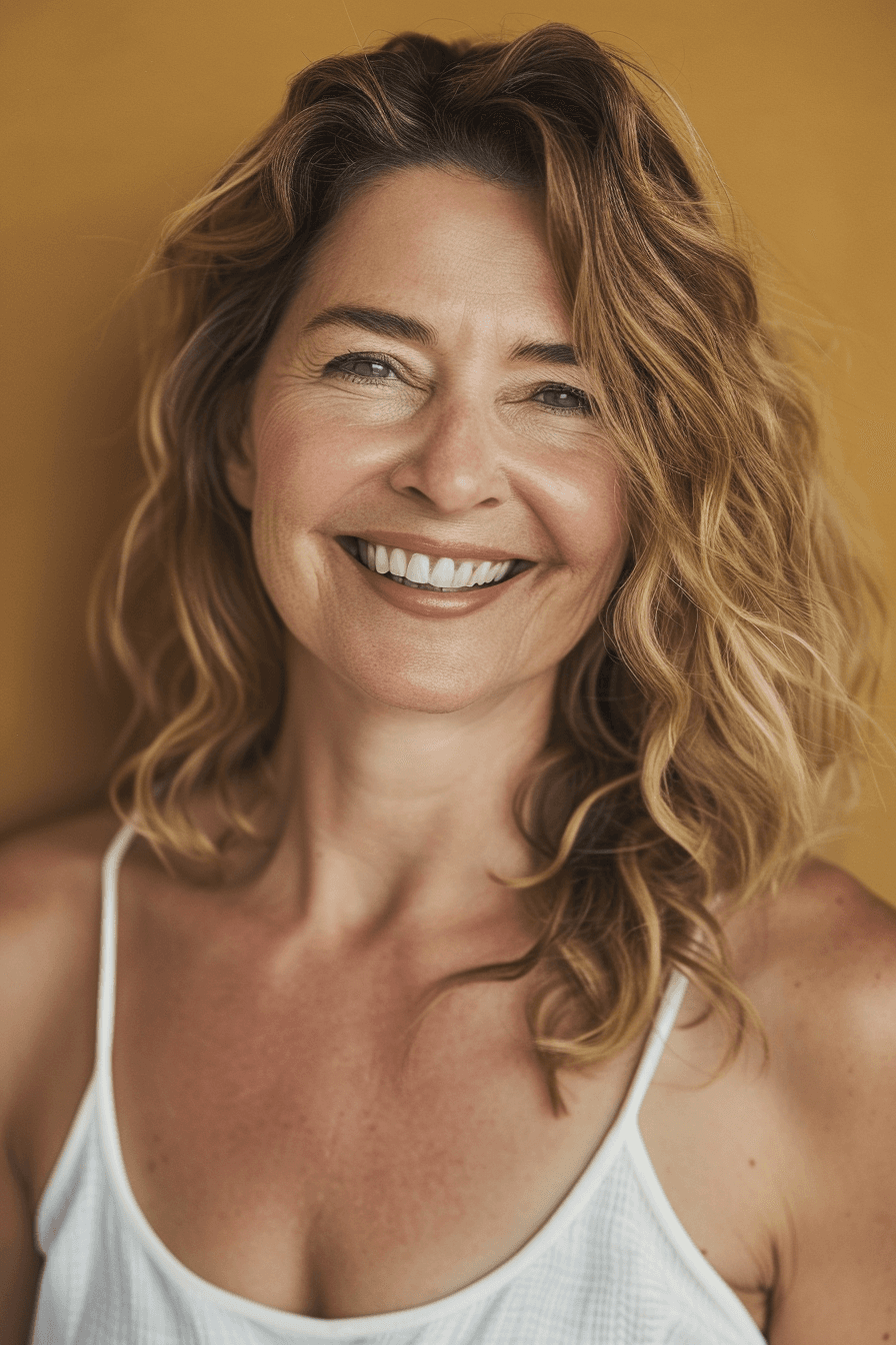 Smiling woman in a beige shirt